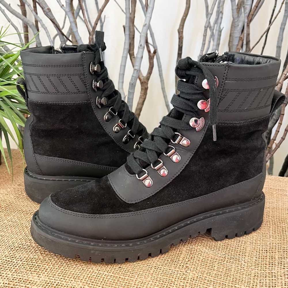 Aquatalia Johana Black Suede and Leather Lace-Up Hiker Boots Size 7.5 Women’s